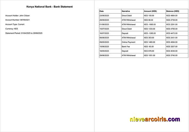 Kenya National Bank bank statement Word and PDF, 2 pages